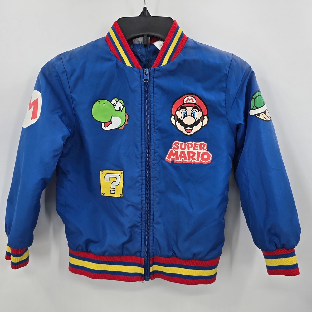 Nintendo Super Mario Bros Kids Blue Bomber Varsity Jacket Quilted Lining Fair